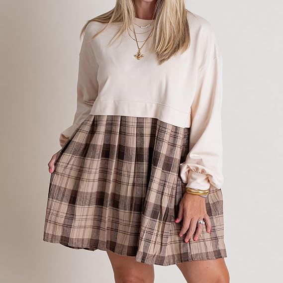 Women's Patchwork Plaid Round Neck Pullover Long Sleeve Short Skirt
