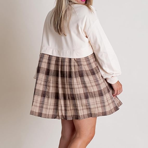 Women's Patchwork Plaid Round Neck Pullover Long Sleeve Short Skirt