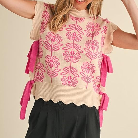 Women's Floral Side Tie Cap Sleeve Crew Neck Knit Vest（BUY 2 FREE SHIPPING)