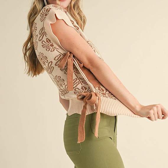 Women's Floral Side Tie Cap Sleeve Crew Neck Knit Vest（BUY 2 FREE SHIPPING)