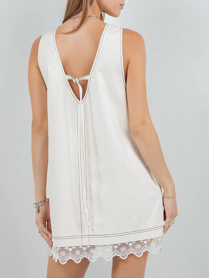 Denim Washed Contrast Lace Panel Shift Dress（BUY 2 FREE SHIPPING)