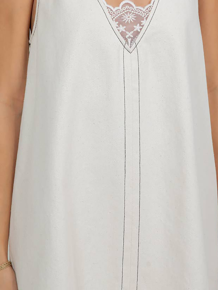 Denim Washed Contrast Lace Panel Shift Dress（BUY 2 FREE SHIPPING)