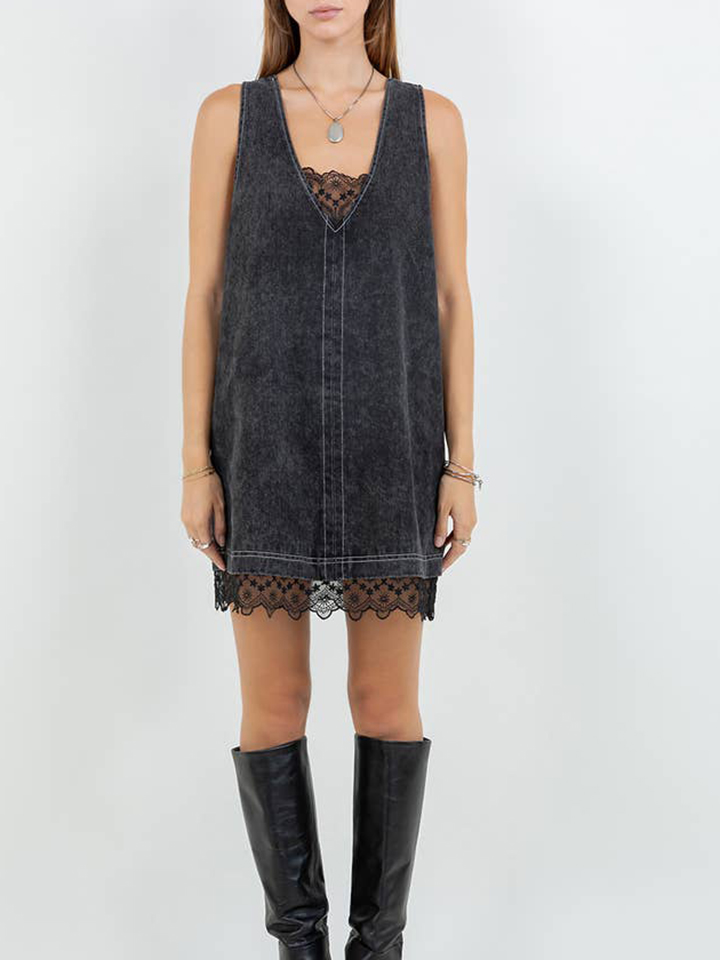 Denim Washed Contrast Lace Panel Shift Dress（BUY 2 FREE SHIPPING)