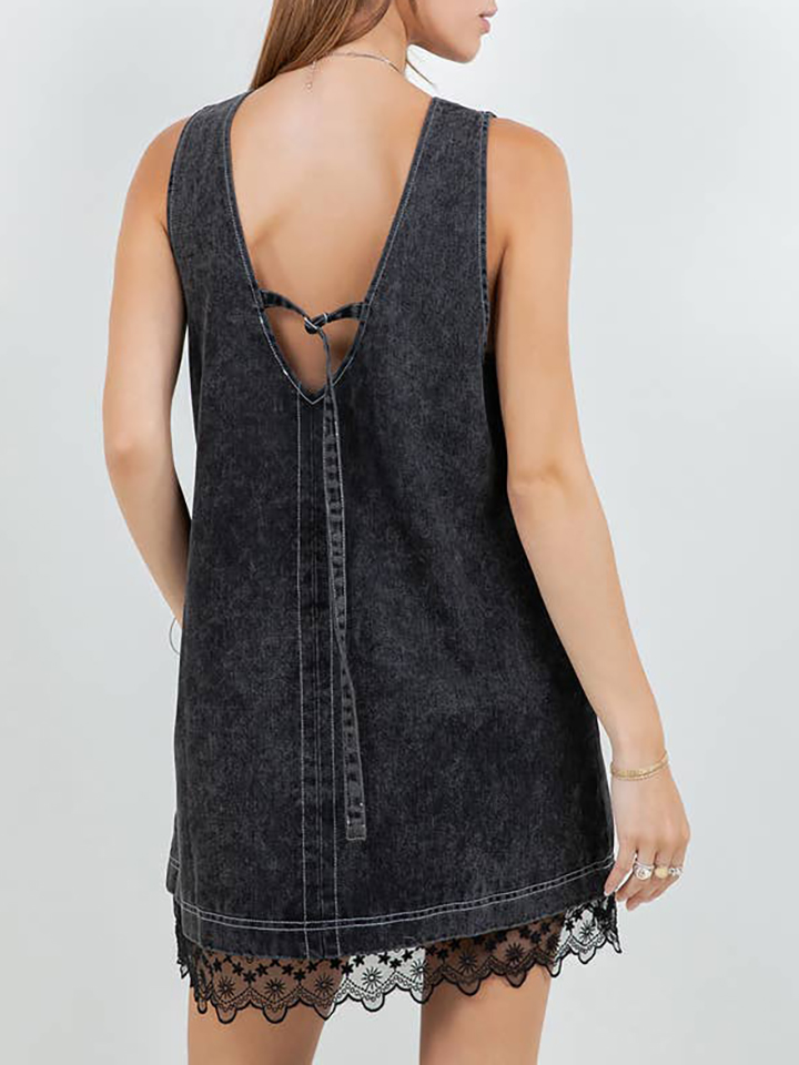 Denim Washed Contrast Lace Panel Shift Dress（BUY 2 FREE SHIPPING)