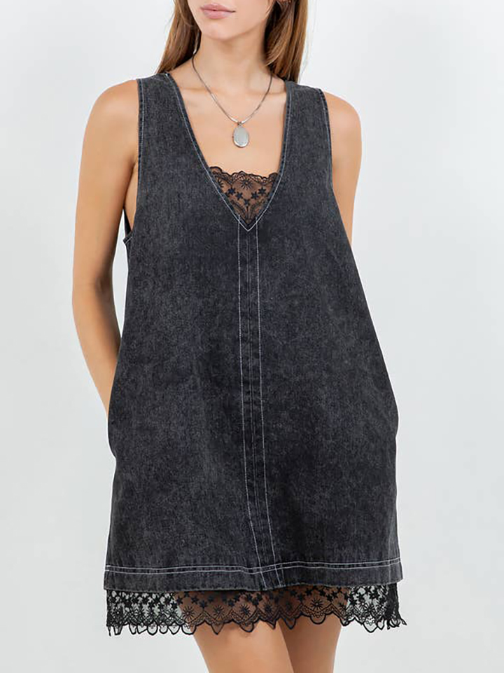 Denim Washed Contrast Lace Panel Shift Dress（BUY 2 FREE SHIPPING)