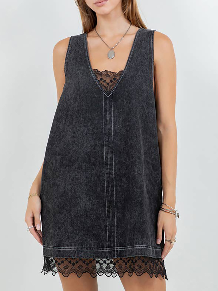 Denim Washed Contrast Lace Panel Shift Dress（BUY 2 FREE SHIPPING)
