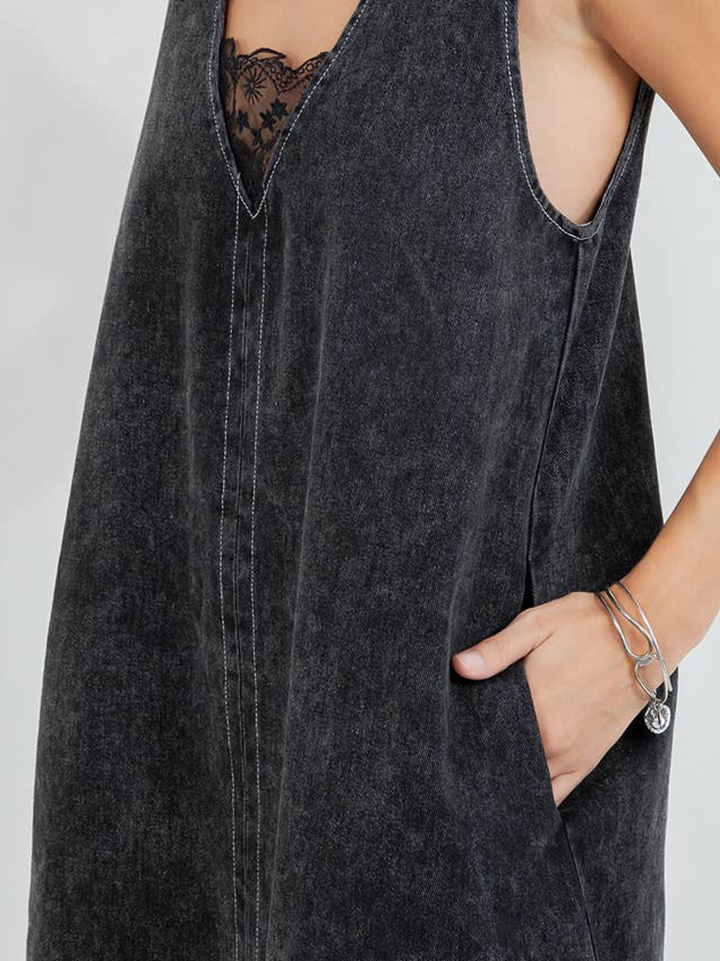 Denim Washed Contrast Lace Panel Shift Dress（BUY 2 FREE SHIPPING)