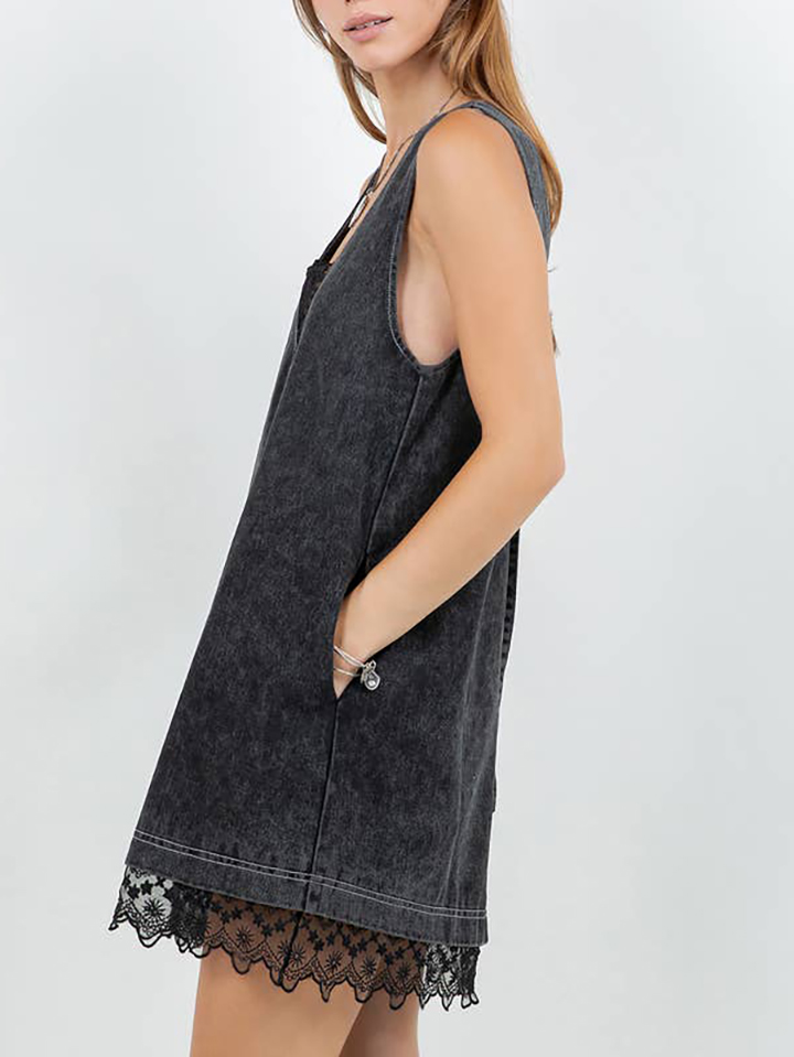 Denim Washed Contrast Lace Panel Shift Dress（BUY 2 FREE SHIPPING)