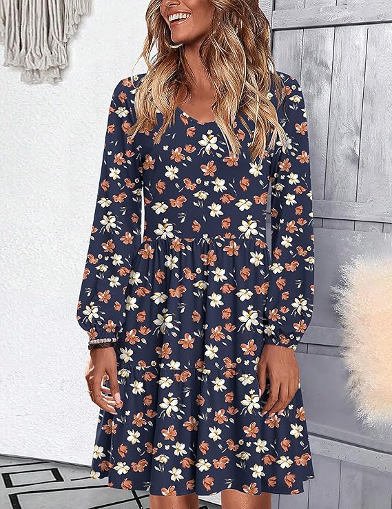 Women's Casual V-Neck A-Line Pocket Long Sleeve Dress(BUY 2 FREE SHIPPING)