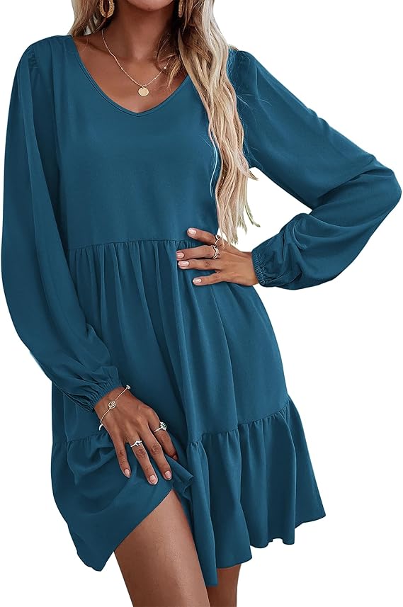 Women's Casual V-Neck A-Line Pocket Long Sleeve Dress(BUY 2 FREE SHIPPING)