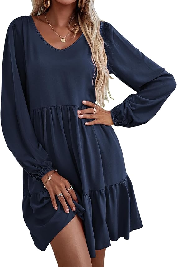 Women's Casual V-Neck A-Line Pocket Long Sleeve Dress(BUY 2 FREE SHIPPING)
