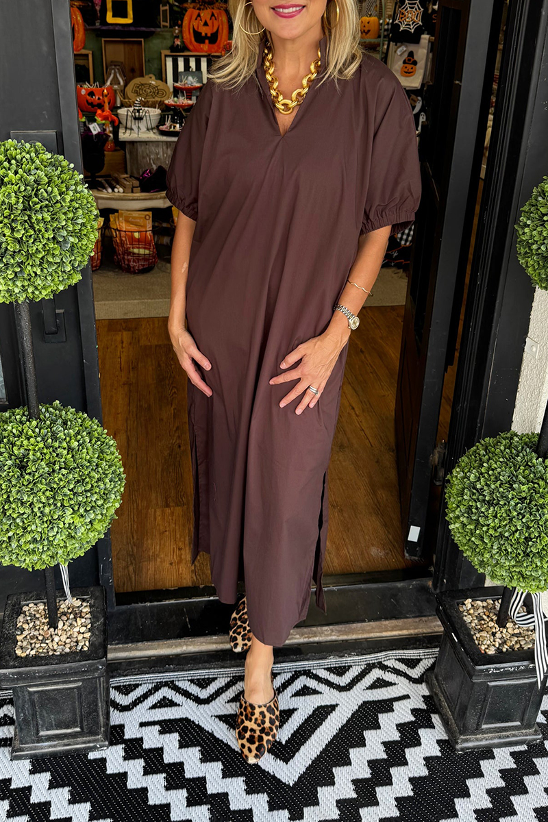 V-neck side slit puff sleeve short-sleeved long dress(BUY 2 FREE SHIPPING)