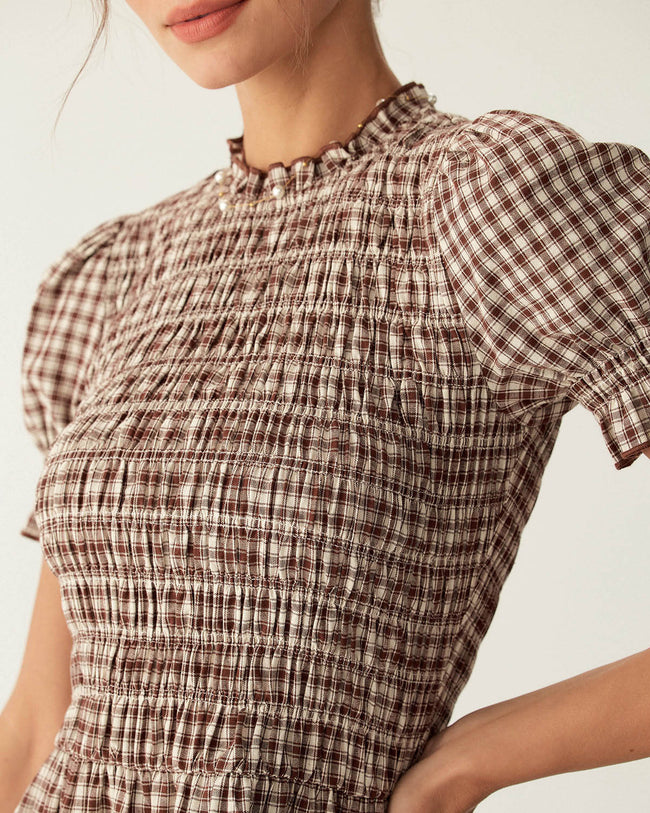 Plaid Shirred Puffed Sleeve Midi Dress