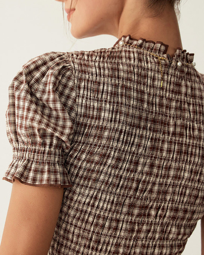 Plaid Shirred Puffed Sleeve Midi Dress