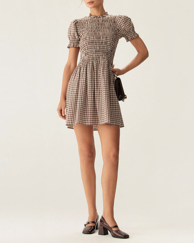 Plaid Shirred Puffed Sleeve Midi Dress