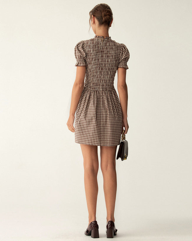 Plaid Shirred Puffed Sleeve Midi Dress