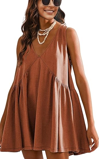 Womens Summer Mini Dress V Neck Sleeveless Tunic Beach Pleated Sundress with Pockets（BUY 2 FREE SHIPPING)