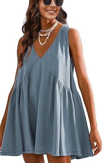 Womens Summer Mini Dress V Neck Sleeveless Tunic Beach Pleated Sundress with Pockets（BUY 2 FREE SHIPPING)