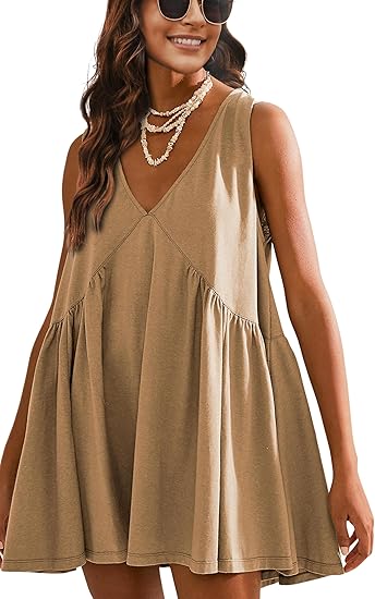 Womens Summer Mini Dress V Neck Sleeveless Tunic Beach Pleated Sundress with Pockets（BUY 2 FREE SHIPPING)