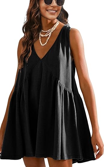 Womens Summer Mini Dress V Neck Sleeveless Tunic Beach Pleated Sundress with Pockets（BUY 2 FREE SHIPPING)