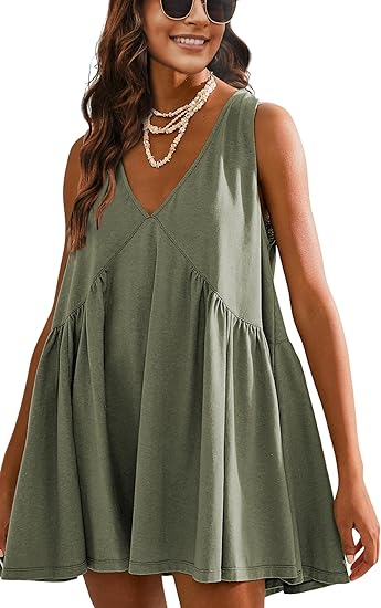 Womens Summer Mini Dress V Neck Sleeveless Tunic Beach Pleated Sundress with Pockets（BUY 2 FREE SHIPPING)