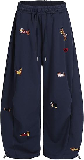 Embroidered puppy loose bucket casual elastic drawstring wide-leg sweatpants（BUY 2 FREE SHIPPING)