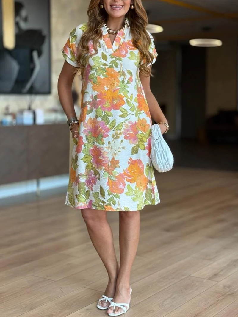 2025 New Fashionable Printed Loose Casual V-Neck Dress（BUY 2 FREE SHIPPING)