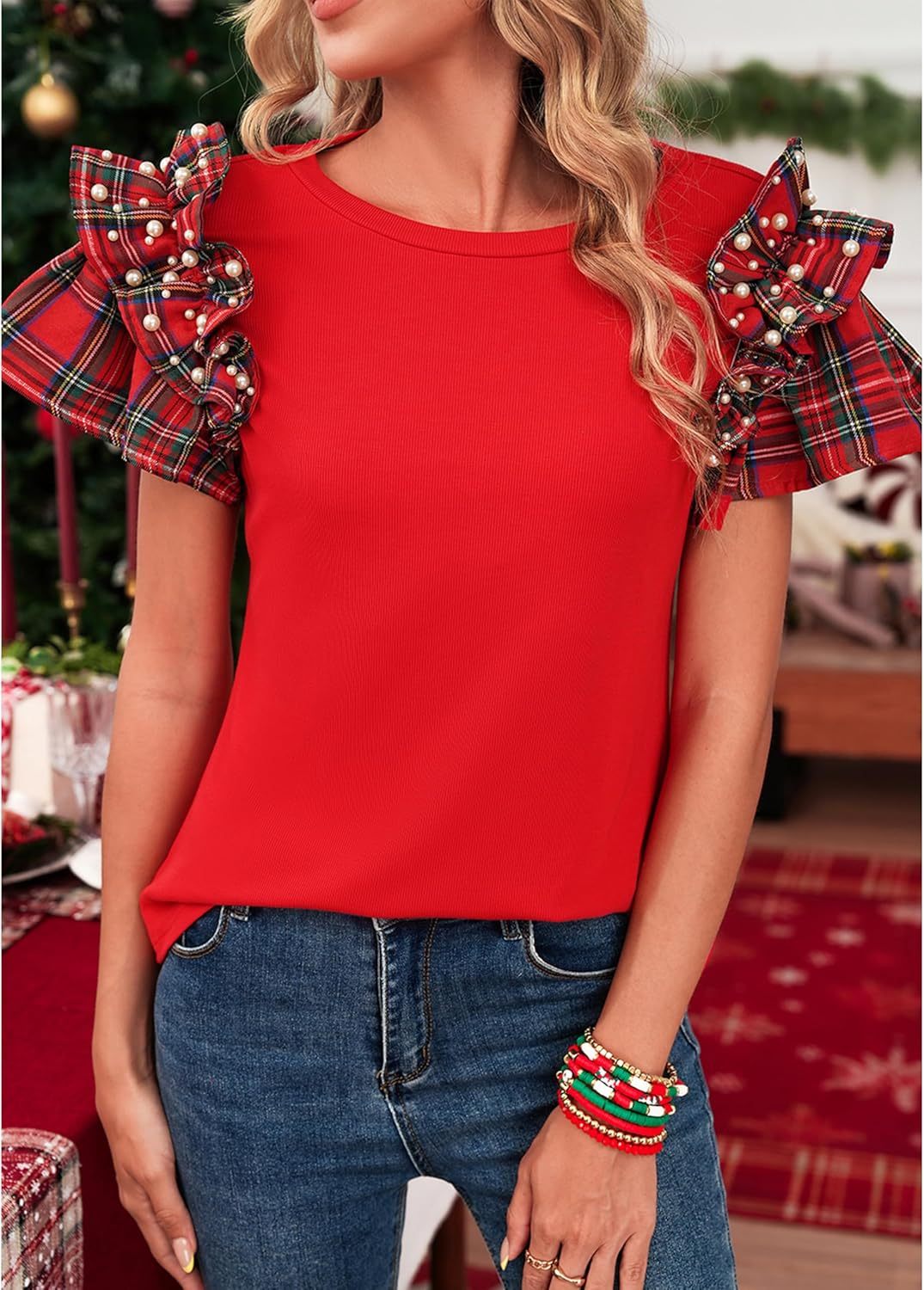 Checkered pearl ruffle short-sleeved loose T-shirt（BUY  2 FREE SHIPPING)