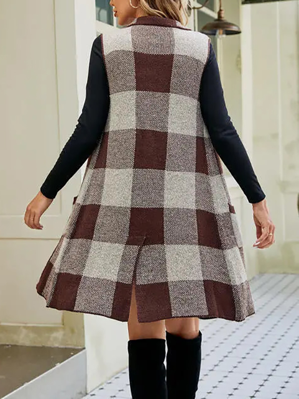 Plaid Open Front Sleeveless Cardigan with Pockets（BUY 2 FREE SHIPPING)