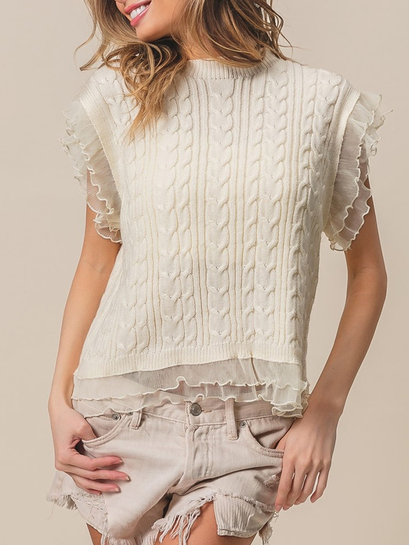 Layered Pleat Chiffon Edge Cable Knit Top