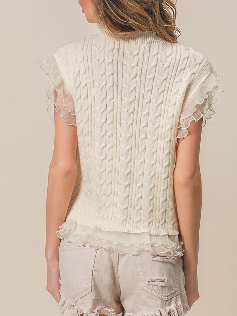 Layered Pleat Chiffon Edge Cable Knit Top