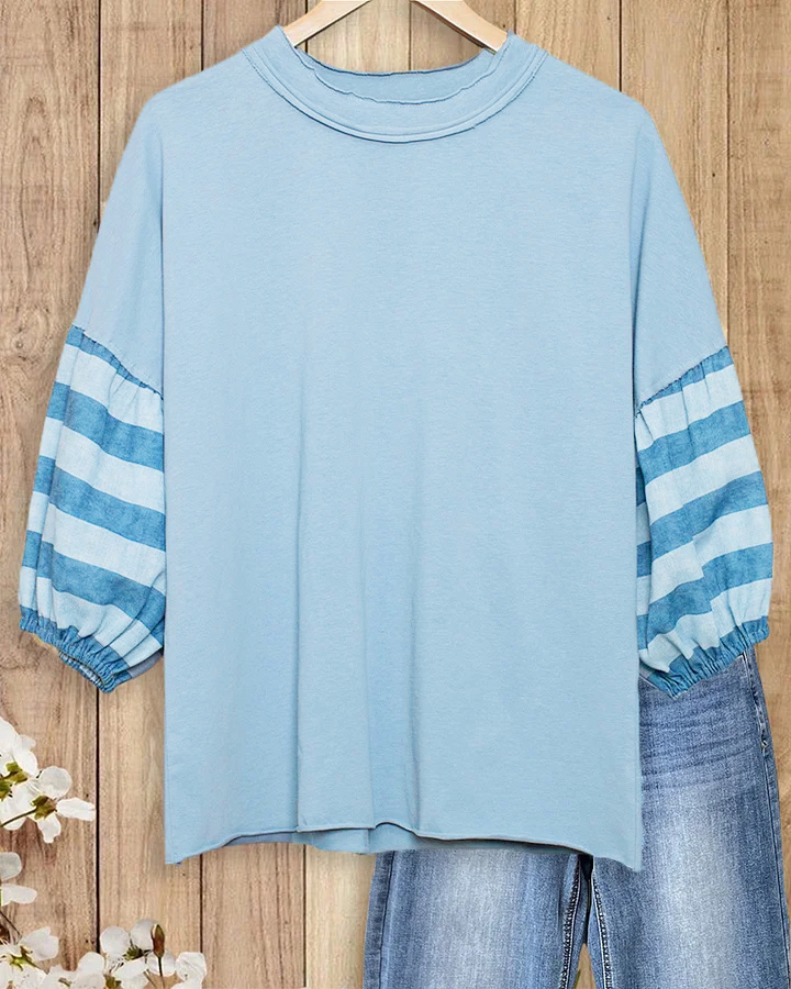 Checked Patchwork Puff Sleeve Cozy Round Neck Blouse