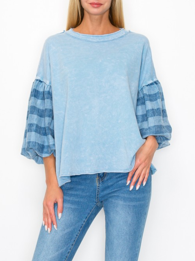 Checked Patchwork Puff Sleeve Cozy Round Neck Blouse