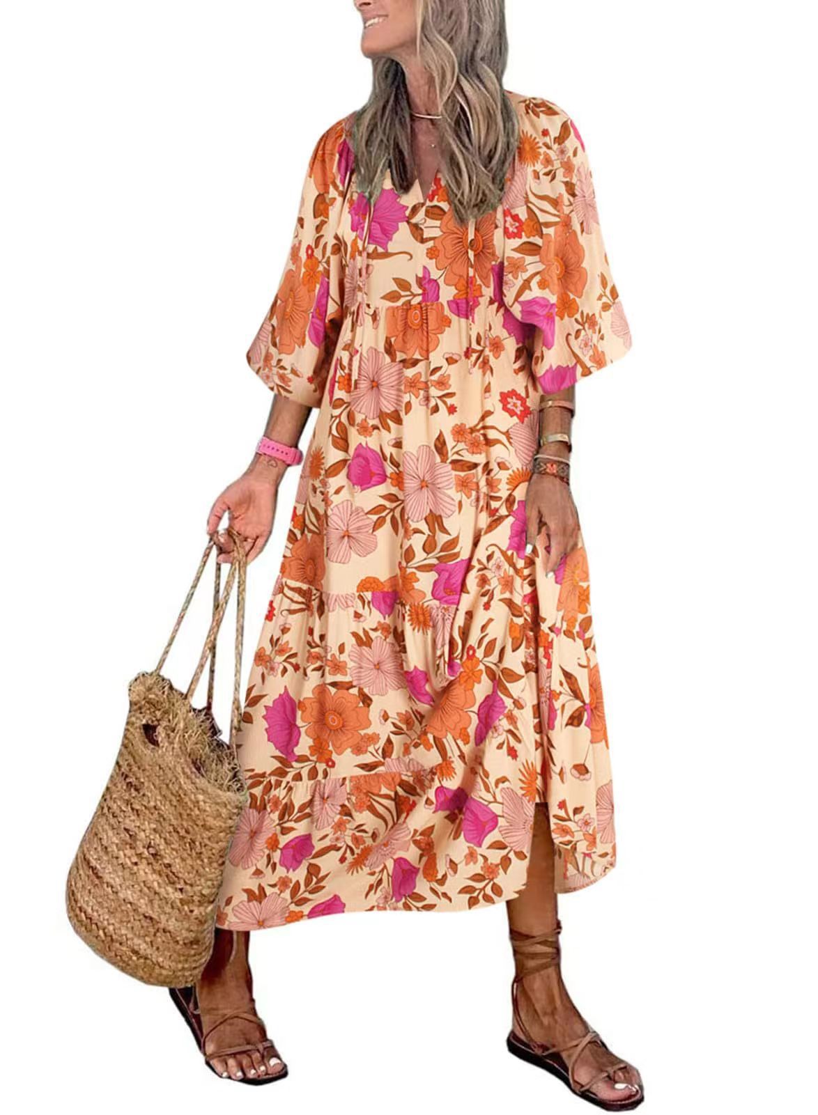2025 New Women's Puff Sleeve Floral Boho Maxi Dress (Buy 2 Free Shipping)