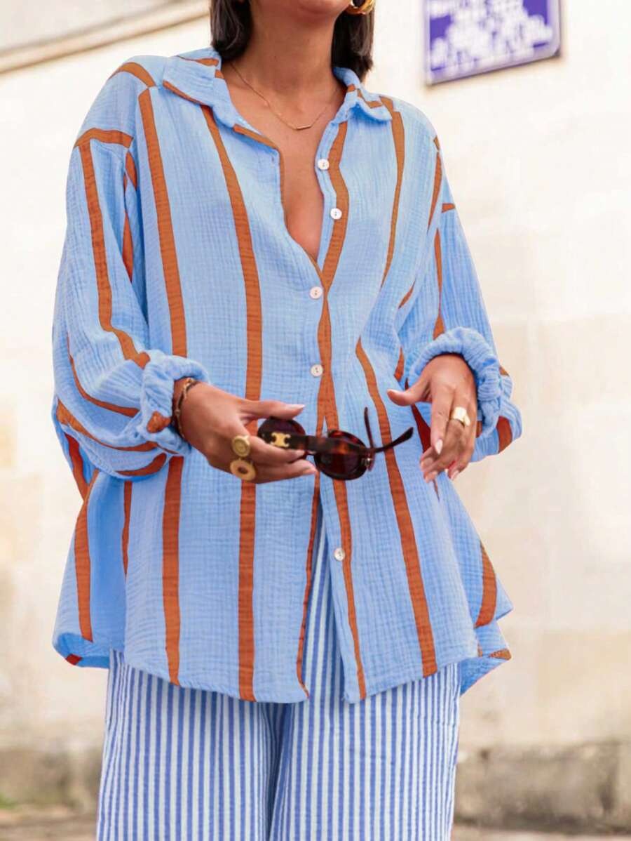 Women's striped button-down long-sleeved shirt（BUY 2 FREE SHIPPING)