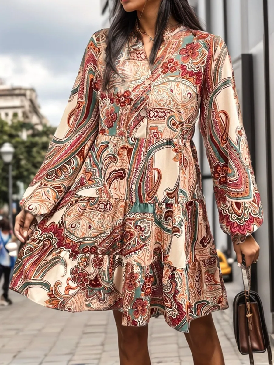 Bohemian cashew print long-sleeved dress（BUY 2 FREE SHIPPING)