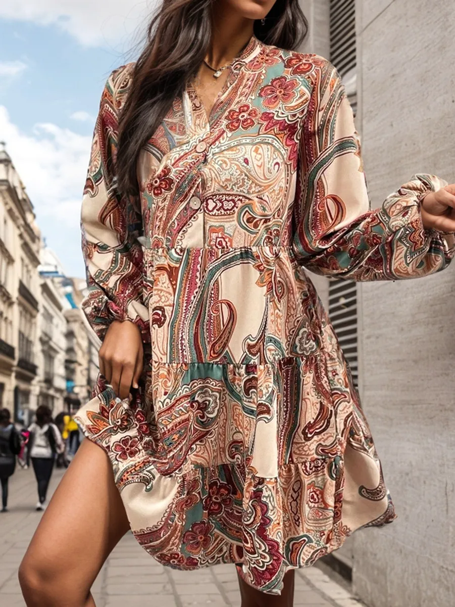 Bohemian cashew print long-sleeved dress（BUY 2 FREE SHIPPING)