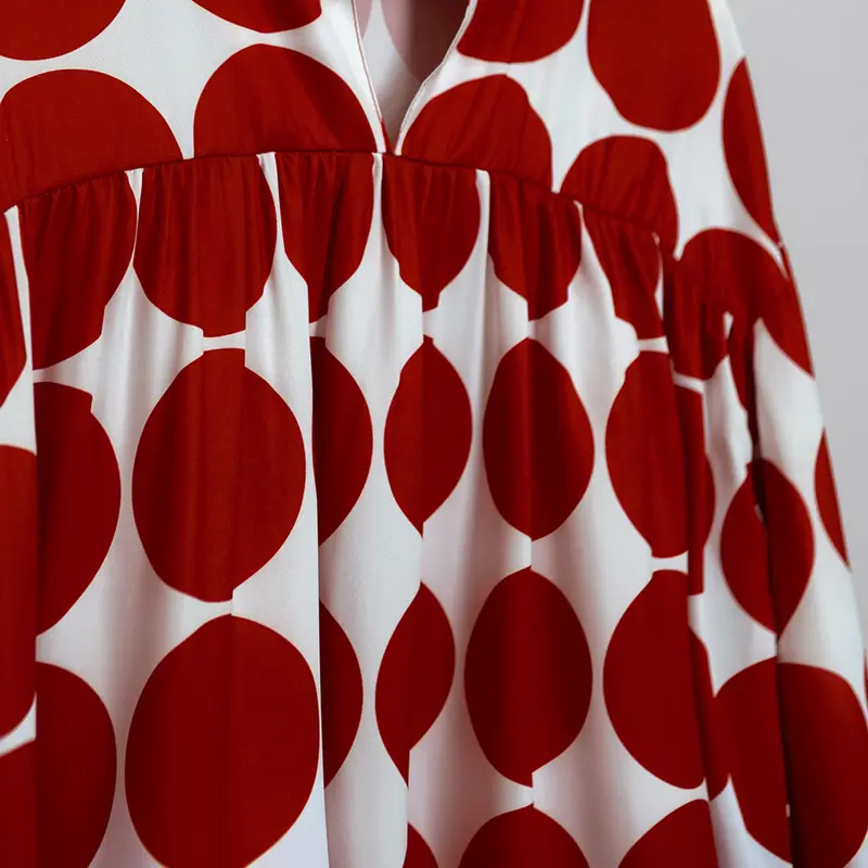 Red Dot Print Blouse, V - Neckline, Lantern Sleeves & Flowy Fit, Chic Casual Top FallFreshness