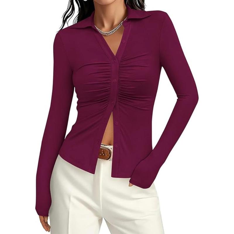 Womens' Button Down Shirts V Neck Collared Ruched Slim Fit Long Sleeve Shirt Casual Fashion Ladies Tops