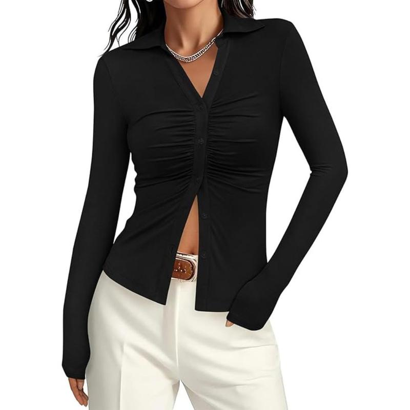 Womens' Button Down Shirts V Neck Collared Ruched Slim Fit Long Sleeve Shirt Casual Fashion Ladies Tops