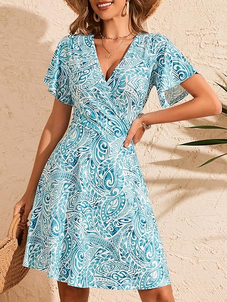 Womens Sundress Summer Floral Short Sleeve Wrap V Neck A-Line Midi Dress（BUY 2 FREE SHIPPING)