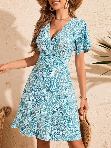 Womens Sundress Summer Floral Short Sleeve Wrap V Neck A-Line Midi Dress（BUY 2 FREE SHIPPING)