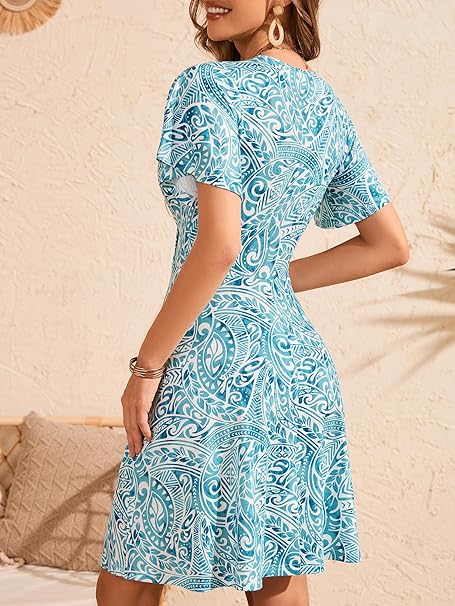 Womens Sundress Summer Floral Short Sleeve Wrap V Neck A-Line Midi Dress（BUY 2 FREE SHIPPING)