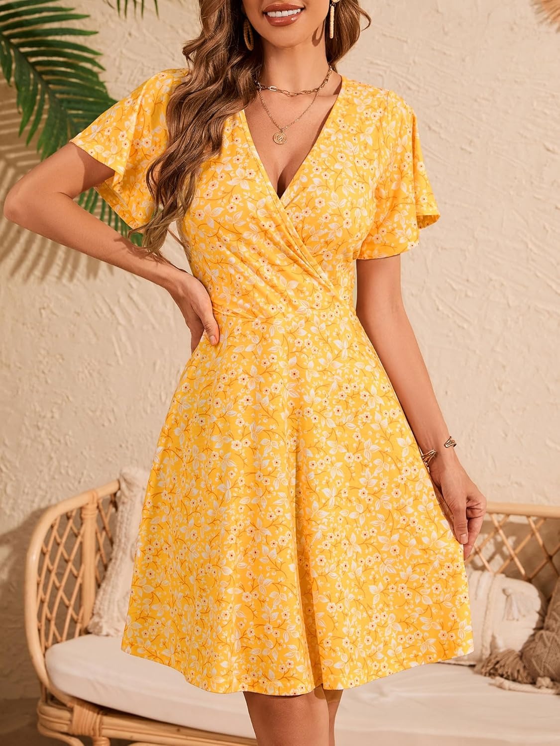 Womens Sundress Summer Floral Short Sleeve Wrap V Neck A-Line Midi Dress（BUY 2 FREE SHIPPING)
