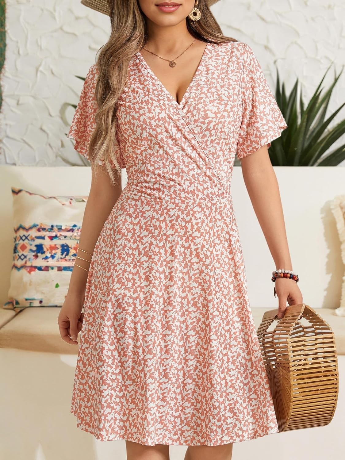 Womens Sundress Summer Floral Short Sleeve Wrap V Neck A-Line Midi Dress（BUY 2 FREE SHIPPING)