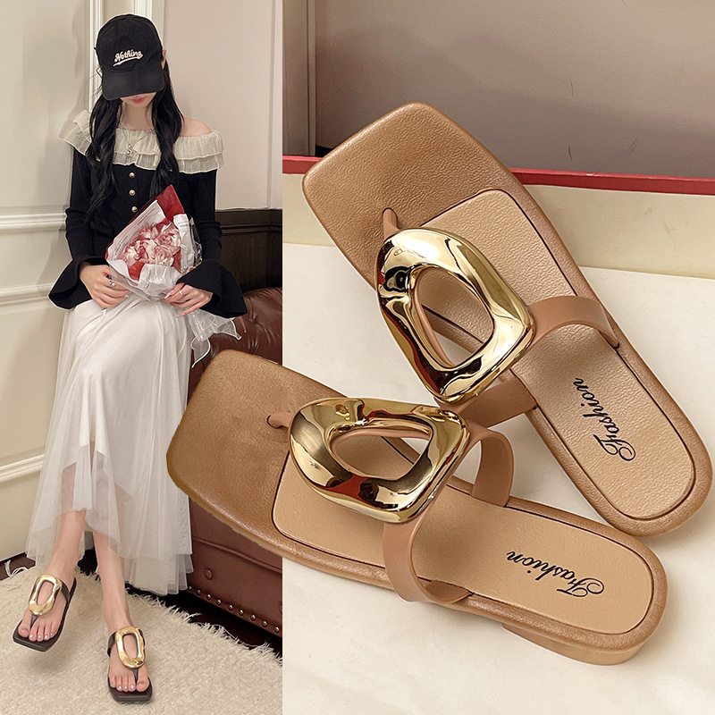 Square Toe Hollowed-out Metal Buckle Flat Flip-Flops