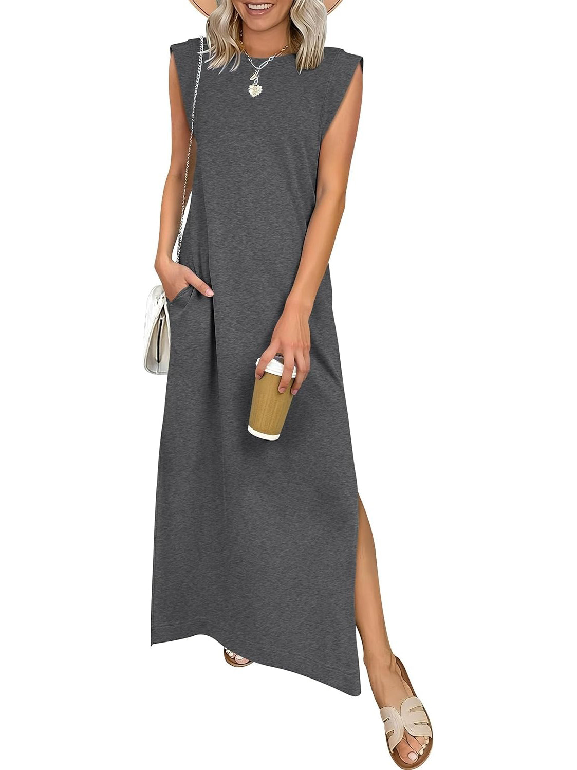 WOMEN SUMMER CASUAL LOOSE SPLIT WRINKLE-FREE LONG DRESS(BUY 2 FREE SHIPPING)