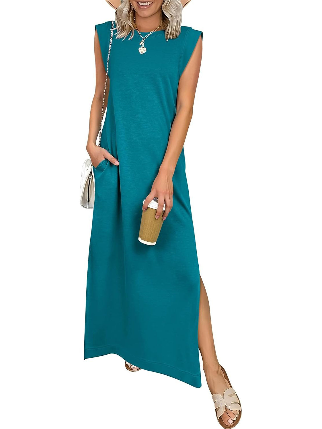 WOMEN SUMMER CASUAL LOOSE SPLIT WRINKLE-FREE LONG DRESS(BUY 2 FREE SHIPPING)