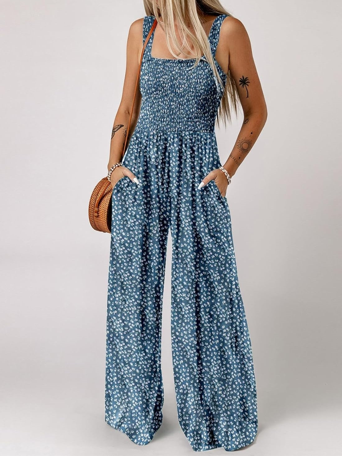 🔥🔥🔥🔥Womens Overalls Casual Floral Print Sleeveless Jumpsuit with Pockets