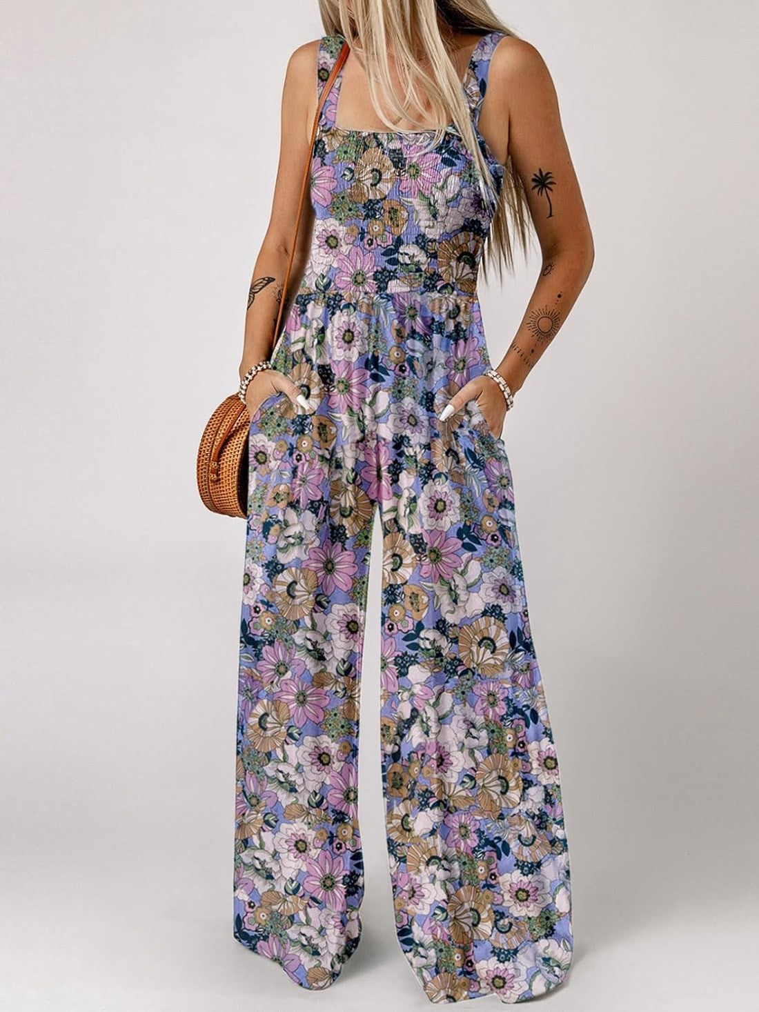 🔥🔥🔥🔥Womens Overalls Casual Floral Print Sleeveless Jumpsuit with Pockets